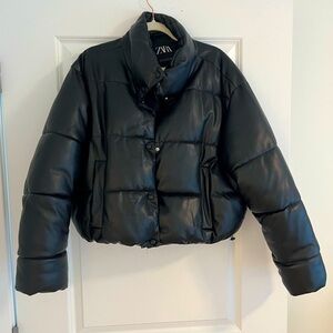 Black leather Zara bomber puffer jacket